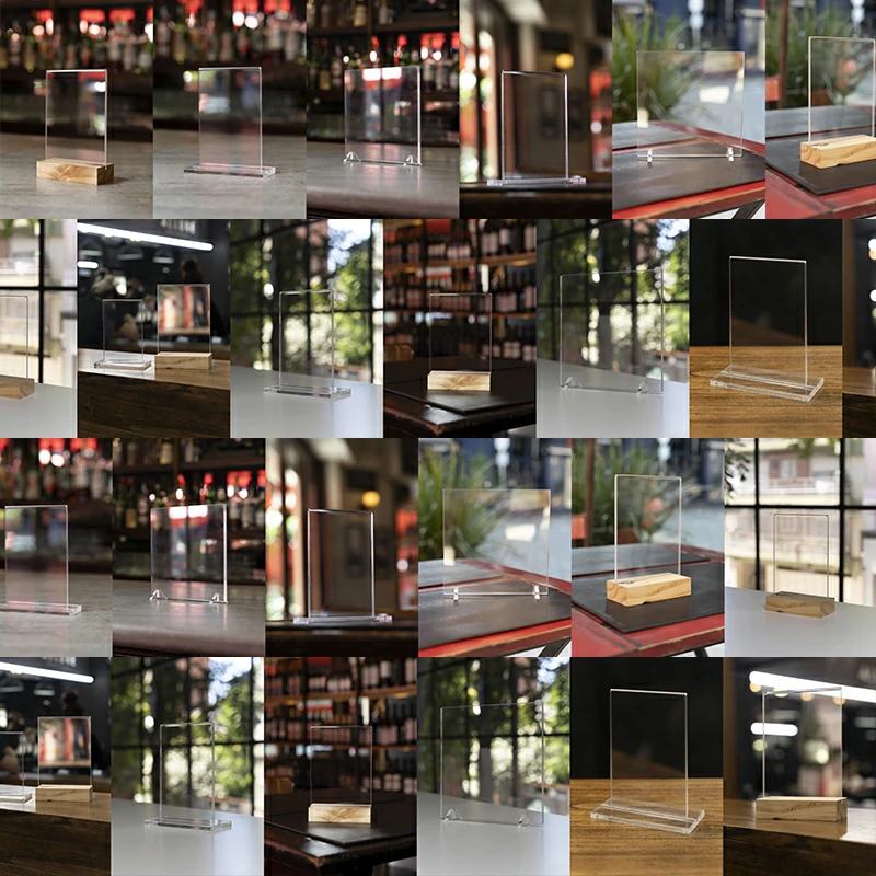 205期透明玻璃亚克力板桌牌餐牌立牌木头底座贴图样机PSD设计模板