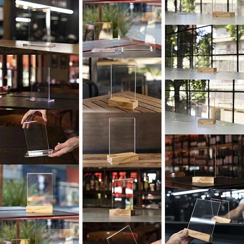 205期透明玻璃亚克力板桌牌餐牌立牌木头底座贴图样机PSD设计模板