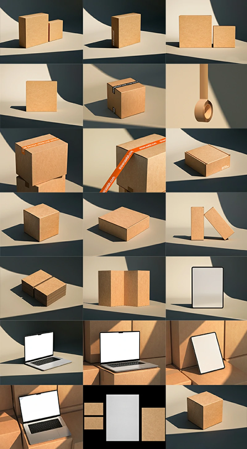 221期牛皮纸快递包装盒纸箱名片胶带品牌VI设计PSD贴图样机设计素材PS