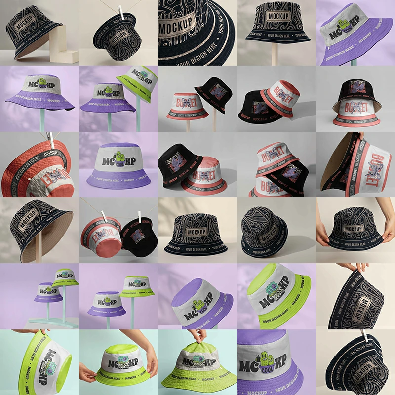 225期渔夫帽帽子遮阳帽时尚帽多角度VI效果展示贴图PS样机模版设计素材