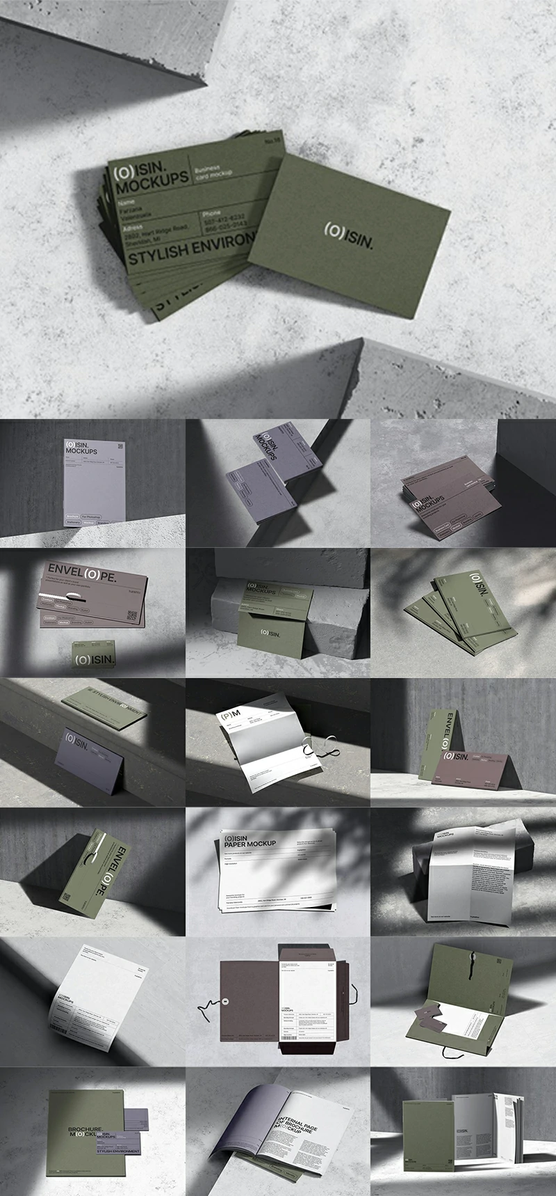 233-水泥工业风信封信纸名片画册文具品牌VI应用设计ps样机素材psd