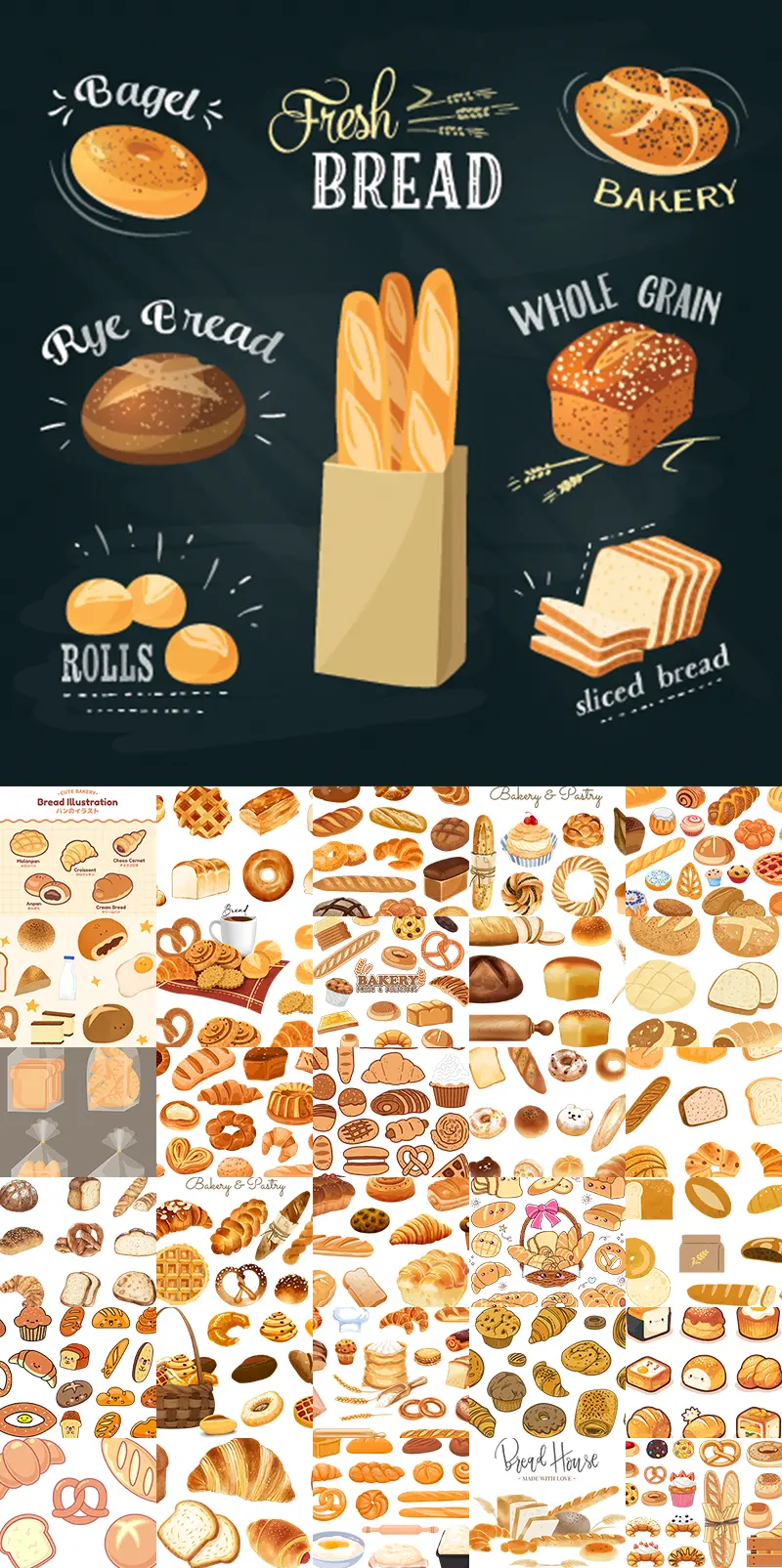 545-手绘卡通面包吐司甜点法棍烘焙手账插画AI矢量PNG免扣图设计素材401款